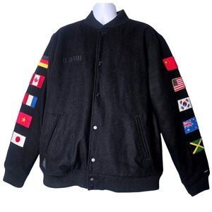 10Deep VCTRY MCMXCV Mens Black Wool Blend Varsity Bomber Jacket World Flags 2XL